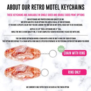 May include: A retro motel keychain with a marbled orange and white pattern, 4 inches tall and 1/8 inch thick. The text includes 'ABOUT OUR RETRO MOTEL KEYCHAINS', 'CHAIN WITH RING', and 'RING ONLY'. It features a silver metal ring and chain attachment.