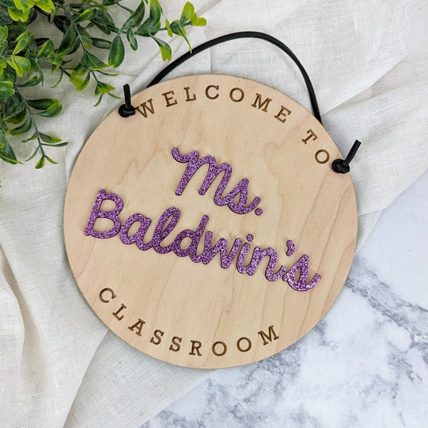 Teacher Classroom Round Wooden Door Signs, Personalized Custom Engraved 3D Acrylic, Glitter Colorful, Gift Ideas