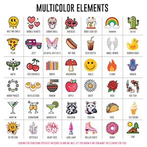 May include: A grid of colorful icons titled MULTICOLOR ELEMENTS, featuring illustrations like a melting smile, sugar skull, hibiscus, rainbow, cactus, pizza, jeep, butterfly, hot dog, coffee, wings, duck, moth, cherries, books, mushroom, flame, hamsa, moon phases, deviled eggs, ramen, apple, daisy, rose, koi fish, martini, champagne, margarita, raccoon, possum, taco, ice cream, sun, crystals, dice, lava lamp, roller skate, donut, and tent.