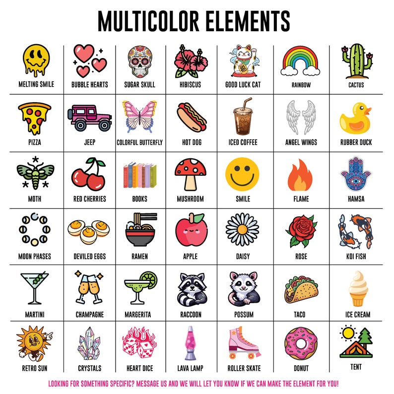 May include: A grid of colorful icons titled MULTICOLOR ELEMENTS, featuring illustrations like a melting smile, sugar skull, hibiscus, rainbow, cactus, pizza, jeep, butterfly, hot dog, coffee, wings, duck, moth, cherries, books, mushroom, flame, hamsa, moon phases, deviled eggs, ramen, apple, daisy, rose, koi fish, martini, champagne, margarita, raccoon, possum, taco, ice cream, sun, crystals, dice, lava lamp, roller skate, donut, and tent.