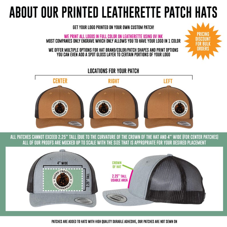 May include: A graphic showing custom leatherette patch hats with logos. Three tan and black hats display patch placement options: center, right, and left. A gray and black hat illustrates a 4-inch wide by 2.25-inch tall patch area.