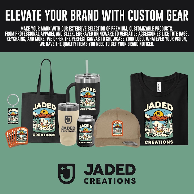 May include: A collection of branded merchandise featuring the Jaded Creations logo, including a black tote bag, a black tumbler with a straw, a beige tumbler, a black can cooler, a tan baseball cap, a keychain, stickers, and a black t-shirt.