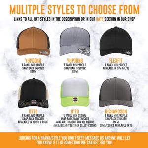 May include: Six baseball caps in various colors and styles, including Yupoong 6-panel and 5-panel snapback truckers, a Flexfit 6-panel cap, and Otto 6-panel and 5-panel foam truckers, plus a Richardson 6-panel snapback trucker, all displayed with text.