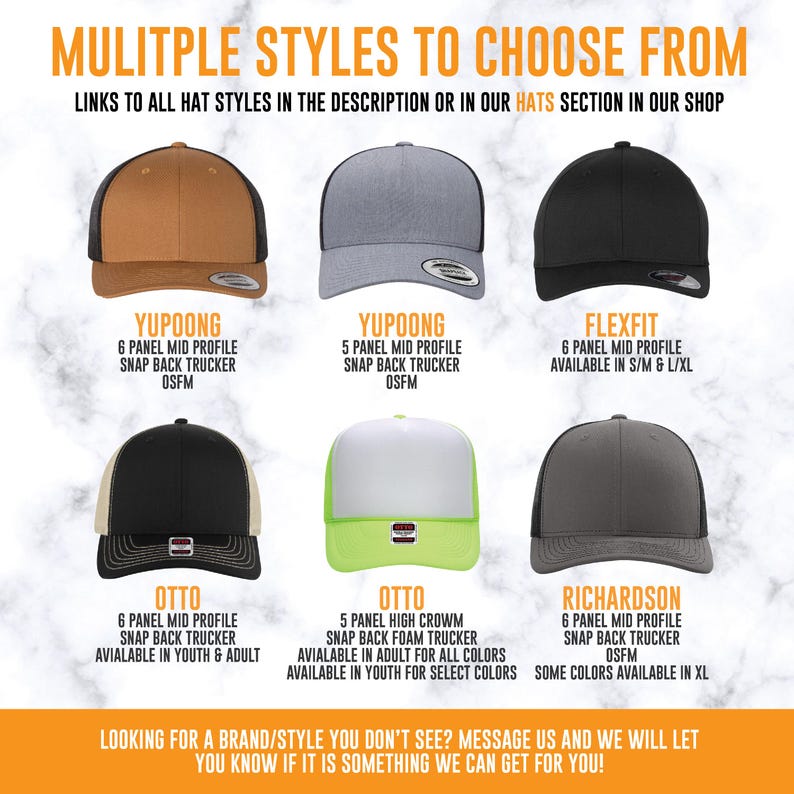 May include: Six baseball caps in various colors and styles, including Yupoong 6-panel and 5-panel snapback truckers, a Flexfit 6-panel cap, and Otto 6-panel and 5-panel foam truckers, plus a Richardson 6-panel snapback trucker, all displayed with text.