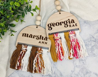 Custom Name Sign Macrame Birth Announcement Nursery Decor Wooden Engraved Hanging Wall Art with Colorful Yarn and Beads