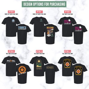 May include: Black t-shirts with diverse designs, featuring text and graphics. Designs include "TEDDY'S JIU JITSU ACADEMY", "BEYOND IMAGINATION", "GREAT AMERICAN cookies", "PIVOTAL PURPOSE", "CEDAR TO SOUND HOMES", and a Pennsylvania State Police badge.