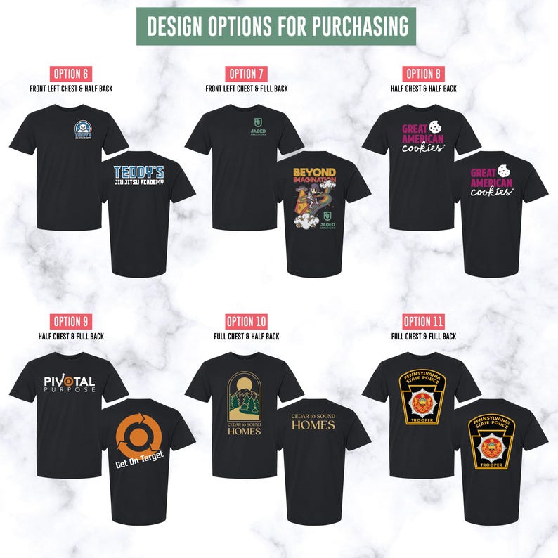 May include: Black t-shirts with diverse designs, featuring text and graphics. Designs include "TEDDY'S JIU JITSU ACADEMY", "BEYOND IMAGINATION", "GREAT AMERICAN cookies", "PIVOTAL PURPOSE", "CEDAR TO SOUND HOMES", and a Pennsylvania State Police badge.