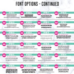 May include: A digital chart titled FONT OPTIONS - CONTINUED displaying twenty-four distinct black typeface styles labeled from Option 25 to Option 48. Each entry features the alphabet in uppercase and lowercase letters, with some marked as uppercase only.