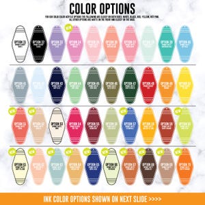 May include: A color chart displaying forty motel-style keychain tags arranged in four rows. Each tag features a pointed top and bottom with a small hole, labeled from option 31 to 70 with various solid colors including white, black, pink, blue, and green.