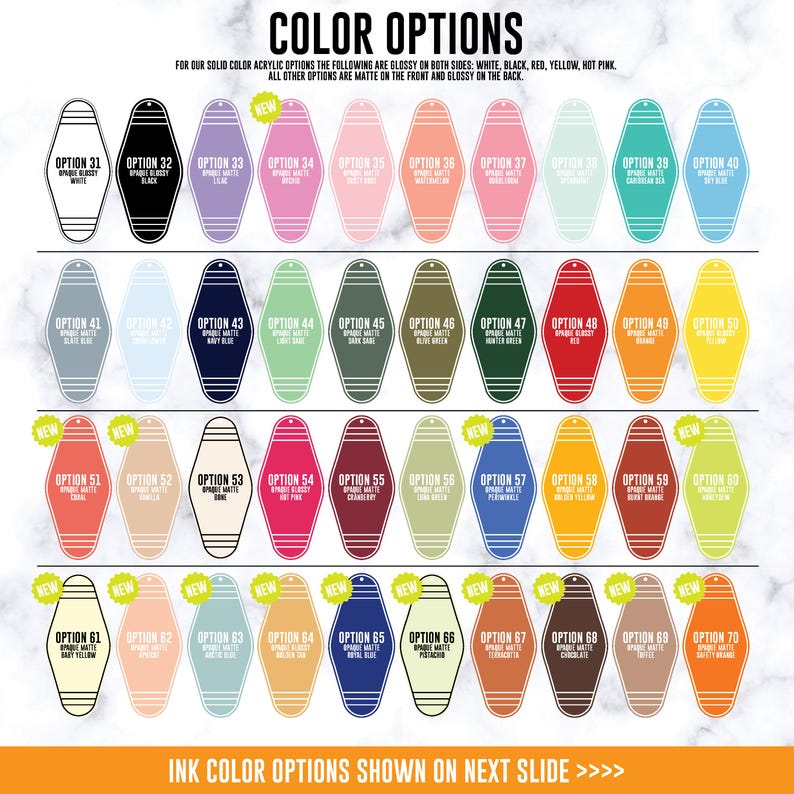 May include: A color chart displaying forty motel-style keychain tags arranged in four rows. Each tag features a pointed top and bottom with a small hole, labeled from option 31 to 70 with various solid colors including white, black, pink, blue, and green.