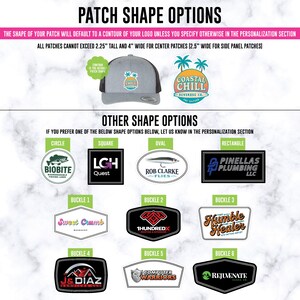 May include: A graphic display showing custom patch shape options for hats. It features a gray and black trucker hat, a Coastal Chill logo, and various shapes labeled circle, square, oval, rectangle, and six distinct buckle styles with logos.