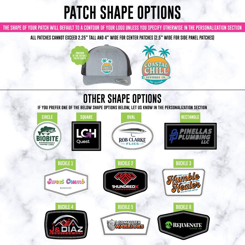 May include: A graphic display showing custom patch shape options for hats. It features a gray and black trucker hat, a Coastal Chill logo, and various shapes labeled circle, square, oval, rectangle, and six distinct buckle styles with logos.