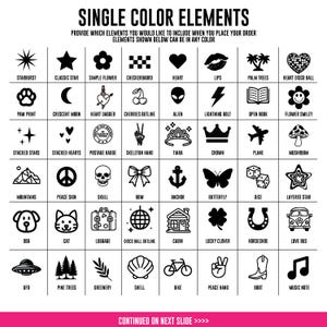 May include: A grid of black icons on a white background titled SINGLE COLOR ELEMENTS. The icons include a starburst, star, flower, checkerboard, heart, lips, palm trees, disco ball, paw print, moon, heart dagger, cherries, alien, bolt, book, smiley, stars, hearts, badge, hand, tiara, crown, plane, mushroom, mountains, peace sign, skull, bow, anchor, butterfly, dice, star, dog, cat, luggage, disco ball, cabin, clover, horseshoe, bus, ufo, trees, greenery, shell, bike, hand, boot, and music note.