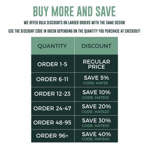 May include: A green and dark green informational chart titled BUY MORE AND SAVE. The table lists quantity ranges from 1-5 up to 96+ and corresponding discount codes including HATS5, HATS10, HATS20, HATS30, and HATS40 for bulk orders of the same design.