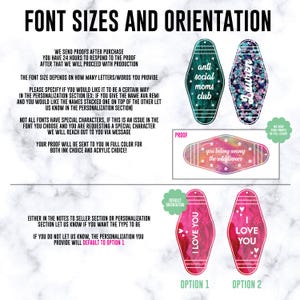 May include: A display of custom motel-style keychains featuring various designs and text including anti social moms club, Lauren, you belong among the wildflowers, and I LOVE YOU. The image includes instructional text regarding font sizes and orientation.