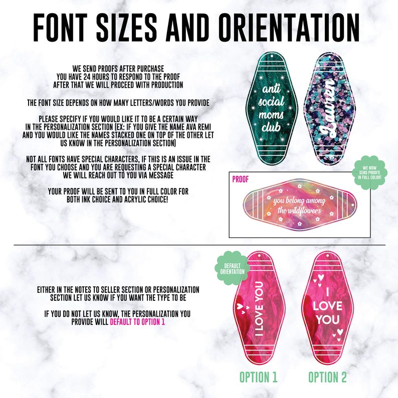 May include: A display of custom motel-style keychains featuring various designs and text including anti social moms club, Lauren, you belong among the wildflowers, and I LOVE YOU. The image includes instructional text regarding font sizes and orientation.