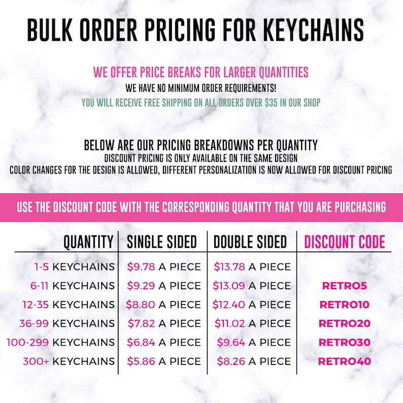 May include: A white marble-textured informational graphic titled BULK ORDER PRICING FOR KEYCHAINS. It lists pricing tiers for single and double-sided keychains based on quantity, ranging from 1-5 to 300+ units, and includes discount codes RETRO5 to RETRO40.