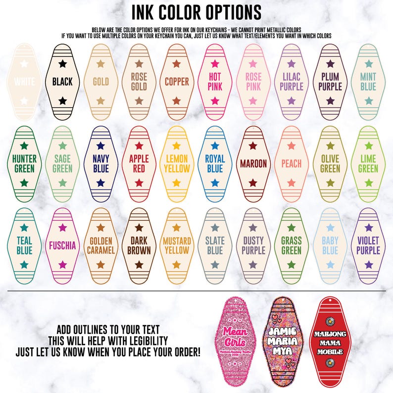 May include: A color chart for keychain ink options featuring thirty diamond-shaped icons with rounded ends, each displaying a specific color name and a star symbol. Below, three sample keychains show text and graphic designs for customization.