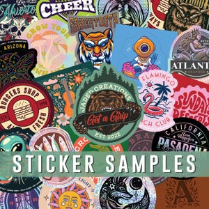 May include: A collection of colorful stickers featuring various designs, including a tiger, a bear, a mermaid, a burger, a flamingo, and a sun. The stickers are arranged in a random pattern on a green background. The text "STICKER SAMPLES" is written in large, white letters across the bottom of the image.