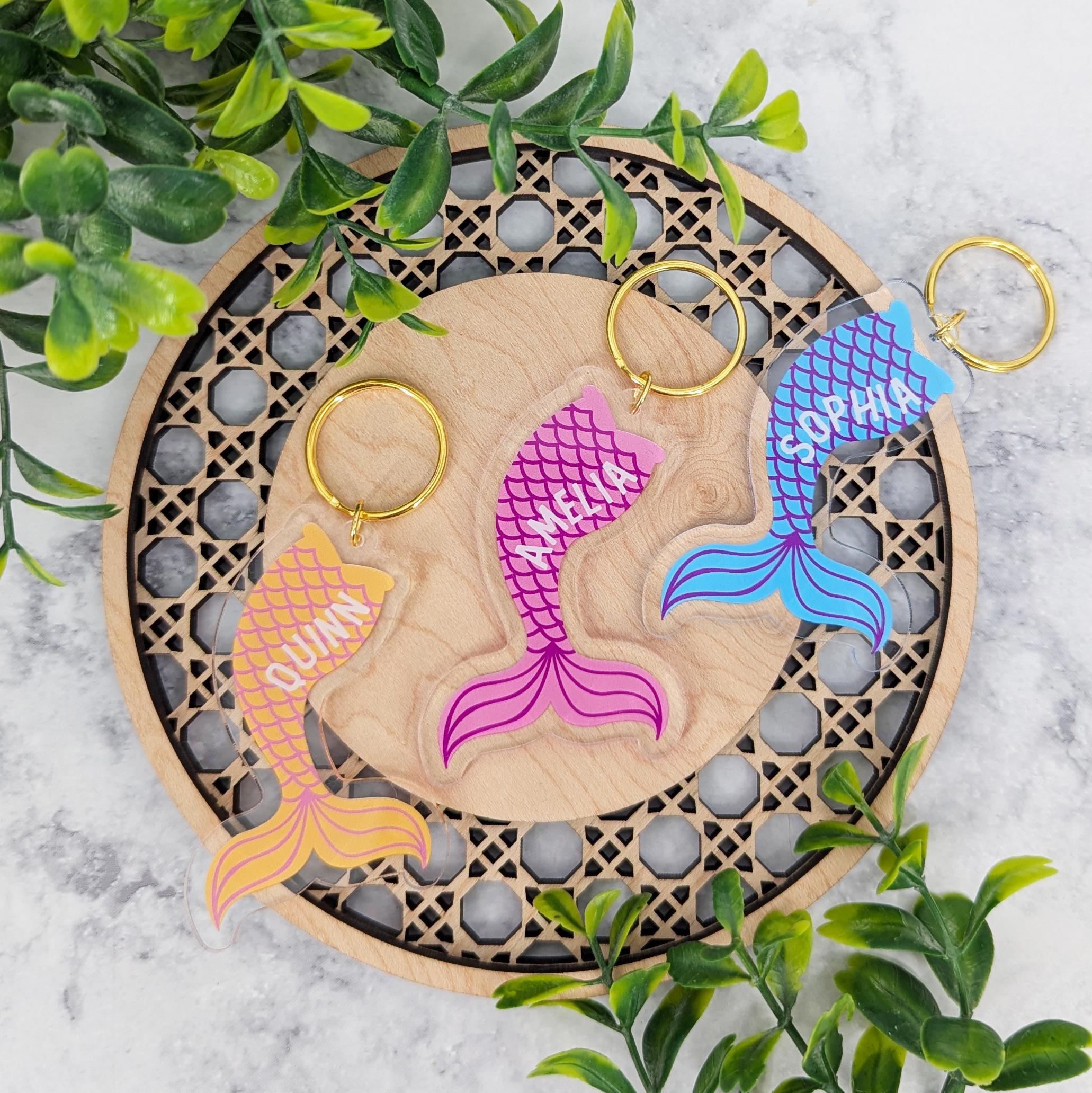 Mermaid Tail Name Keychain Acrylic Keyring Cosmic Coastal Siren Bachelorette Party Favor Best Friend Personalized Gift Custom Print