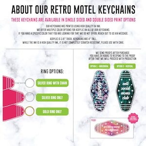 May include: Informational graphic about retro motel keychains. Text details include print options, UV ink, acrylic thickness of 1/8 inch, and 4 inch height. Visuals show ring options in silver and gold, plus horizontal and vertical keychain examples.