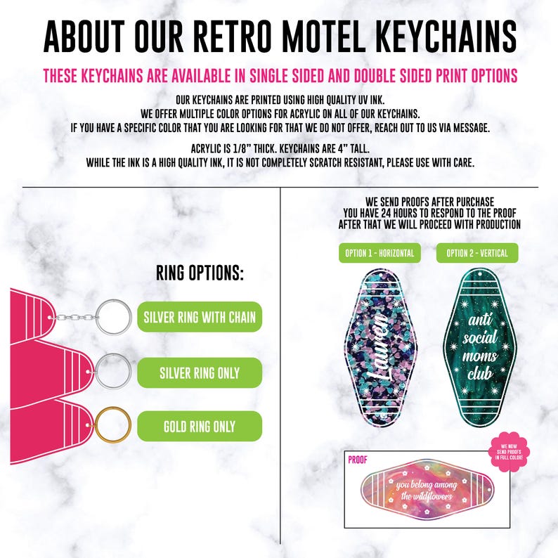 May include: Informational graphic about retro motel keychains. Text details include print options, UV ink, acrylic thickness of 1/8 inch, and 4 inch height. Visuals show ring options in silver and gold, plus horizontal and vertical keychain examples.