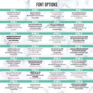 May include: A chart titled FONT OPTIONS displaying twenty-eight distinct black typeface styles on a white background. Each entry is labeled from OPTION 1 to OPTION 28, showcasing various alphabets and numerals, with some noting limited character availability.