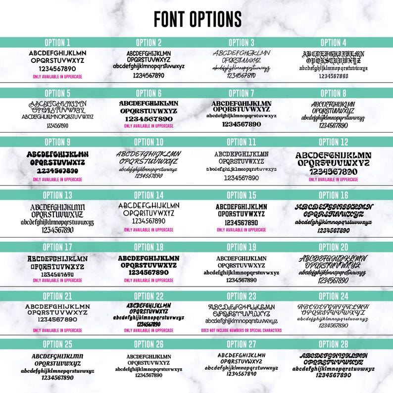 May include: A chart titled FONT OPTIONS displaying twenty-eight distinct black typeface styles on a white background. Each entry is labeled from OPTION 1 to OPTION 28, showcasing various alphabets and numerals, with some noting limited character availability.