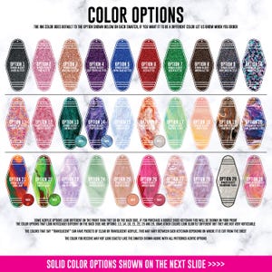 May include: A color chart displaying thirty numbered motel-style keychain swatches in various glitter, solid, and marbled acrylic finishes. Each elongated diamond-shaped swatch features horizontal line details and text labels for color identification.