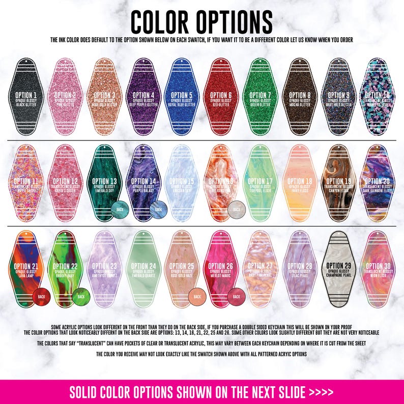 May include: A color chart displaying thirty numbered motel-style keychain swatches in various glitter, solid, and marbled acrylic finishes. Each elongated diamond-shaped swatch features horizontal line details and text labels for color identification.