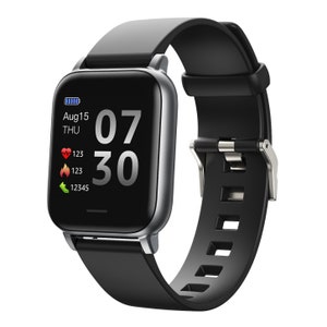May include: A black smartwatch with a silver-coloured frame and a black strap. The watch face shows the time as 07:30, alongside the date, battery life, and health metrics. The strap has a buckle fastening.