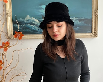 Handmade Black Color Plush Bucket Hat - Luxury Soft Warm Microfiber Fabric, Cuddle Fabric, Faux Fur, Autumn/Fall, Winter Hat | Gift for Her