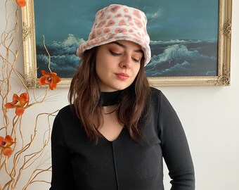 Handmade Heart Print on Gray and White Backgrounds Reversible Soft Plush Fabric Bucket Hat, Faux Fur, Winter Hat | Valentine's Day Gift