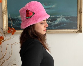 Watermelon Plush Bucket Hat, Pink Color - Handmade WATERMELON Embroidered Faux Fur, Autumn/Fall, Winter Hat | Cute and Lovely Gift for Her