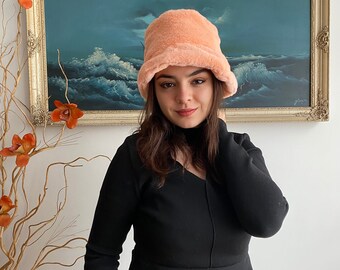 Handmade Pinkish Orange Plush Bucket Hat - Soft Warm Microfiber Fabric, Cuddle Fabric, Faux Fur, Autumn/Fall, Winter Hat | Gift for Her