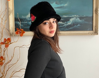 Watermelon Plush Bucket Hat, Black Color - Handmade WATERMELON Embroidered Faux Fur, Autumn/Fall, Winter Hat | Cute and Lovely Gift for Her