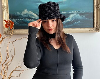 Handmade Swirl Pattern Black Plush Bucket Hat - Soft Warm Microfiber Fabric, Cuddle Fabric, Faux Fur, Autumn/Fall, Winter Hat | Gift for Her