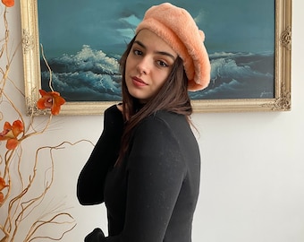 Handmade Pinkish Orange Plush Beret Hat, Luxury Soft Warm Microfiber Fabric, Cuddle Fabric, Faux Fur, Autumn/Fall, Winter Hat | Gift for Her