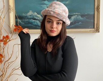 Handmade Heart Print on Gray Background Bucket Hat - Soft Microfiber Cuddle Plush Fabric, Faux Fur, Winter Hat | Valentine's Day Gift