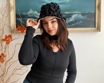 Handmade Swirl Pattern Black and Heart Print on Gray Reversible Plush Fabric Bucket Hat, Faux Fur, Autumn/Fall, Winter Hat | Gift for Her