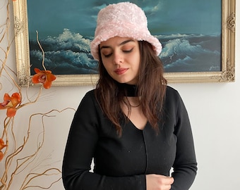 Handmade Swirl Pattern Powder Pink Plush Bucket Hat - Soft Warm Microfiber Cuddle Fabric, Faux Fur, Autumn/Fall, Winter Hat | Gift for Her