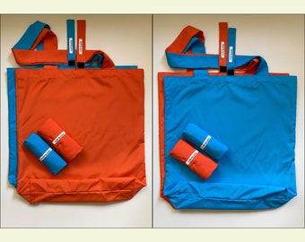 Plain Solid Color Foldable Blue and Orange Bags - Set of 2, Love of Contrasting Colors Theme Series | Reusable Farmers Market Shopping Bag