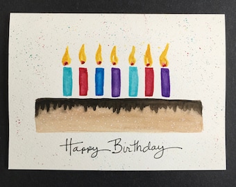 Original Watercolor - Handmade, blank happy birthday card - Cake with Candles