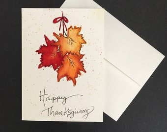 Original Watercolor - Handmade, blank Happy Thanksgiving greeting card - Leaves