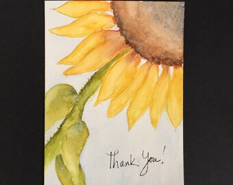 Original Watercolor - Handmade, blank thank you card - Sunflower