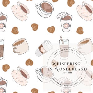 Coffee Love Seamless Pattern 300 DPI PNG Download for Digital Papers Vinyl Fabric Surface Design Espresso Mug cappuccino Hearts Iced latte