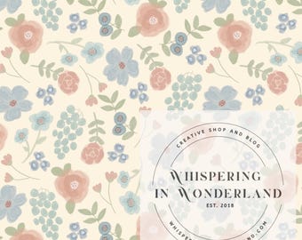 May include: A seamless pattern featuring a pale yellow background with a repeating design of pink and blue flowers, green leaves, and small blue berries. The text "Whispering in Wonderland" is in a circle with the words "Creative Shop and Blog" above and "whisperinginwonderland.com" below.
