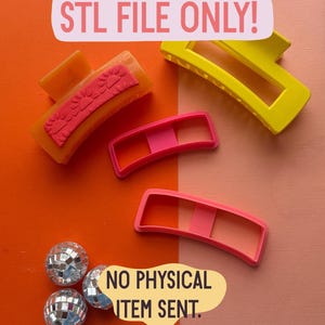 Puede incluir: Una variedad de coloridas pinzas para el pelo y bolas de discoteca sobre un fondo naranja y rosa vibrante. La imagen incluye el texto "STL FILE ONLY!" y "NO PHYSICAL ITEM SENT."