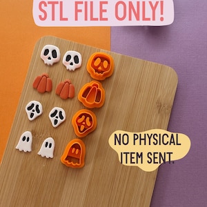 May include: A collection of Halloween-themed cookie cutters, including skulls, pumpkins, and ghosts, arranged on a wooden cutting board. The image includes the text "STL FILE ONLY!" and "NO PHYSICAL ITEM SENT."