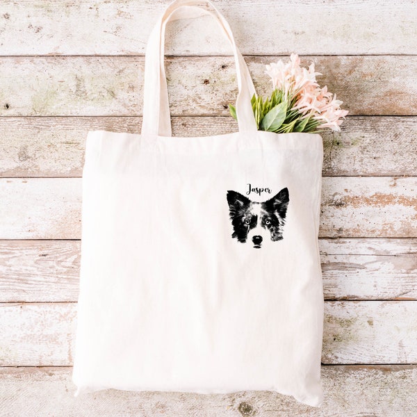 Custom Dog Portrait Tote Bag – Black White Dog Photo Shopping Bag – Gift for Dog Lovers – Personalized Pet Portrait Bag – Dog Memorial Bag